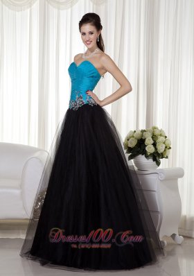 A-line Blue and Black Taffeta and Tulle Prom Dress