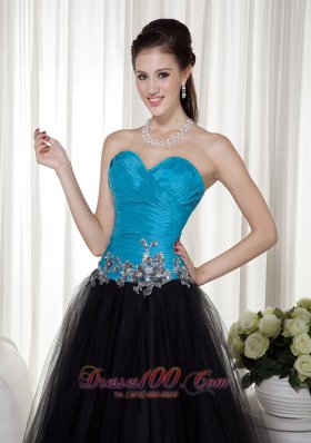 A-line Blue and Black Taffeta and Tulle Prom Dress