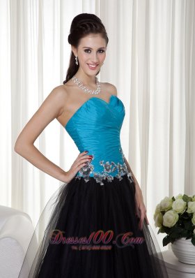 A-line Blue and Black Taffeta and Tulle Prom Dress