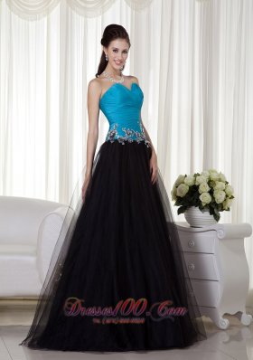 A-line Blue and Black Taffeta and Tulle Prom Dress