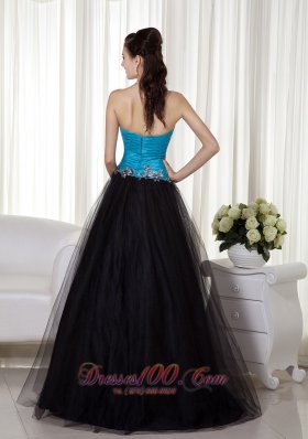 A-line Blue and Black Taffeta and Tulle Prom Dress