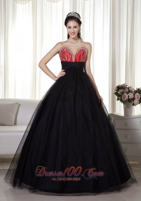 Black and Red Beaded Decorated Tulle and Taffeta Prom Dress