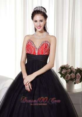 Black and Red Beaded Decorated Tulle and Taffeta Prom Dress