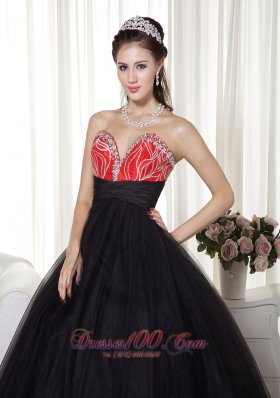 Black and Red Beaded Decorated Tulle and Taffeta Prom Dress