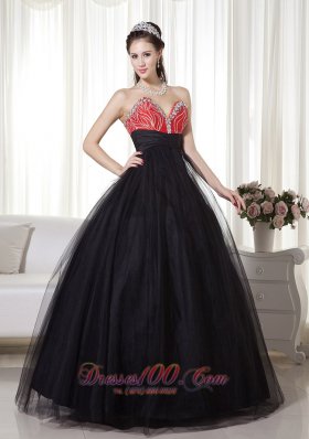 Black and Red Beaded Decorated Tulle and Taffeta Prom Dress