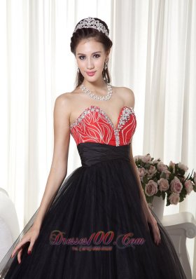 Black and Red Beaded Decorated Tulle and Taffeta Prom Dress