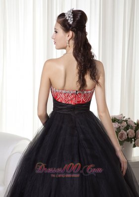 Black and Red Beaded Decorated Tulle and Taffeta Prom Dress