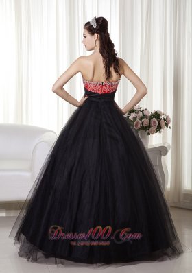 Black and Red Beaded Decorated Tulle and Taffeta Prom Dress