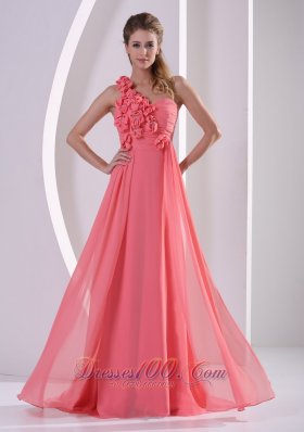 Floral Trimmed One Shoulder Ruched Overlay Prom Gowns