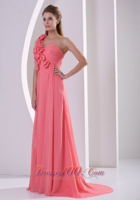 Floral Trimmed One Shoulder Ruched Overlay Prom Gowns