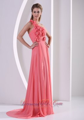 Floral Trimmed One Shoulder Ruched Overlay Prom Gowns