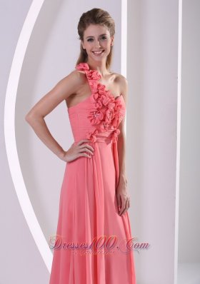 Floral Trimmed One Shoulder Ruched Overlay Prom Gowns