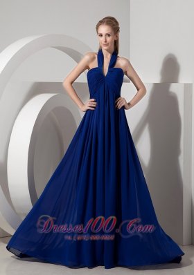 Halter Ribbon Back Ruched Decorated Prom Dress