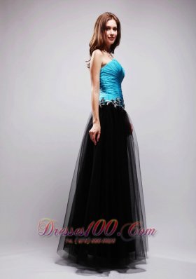 Black and Blue Appliques Ruched Prom / Evening Dress