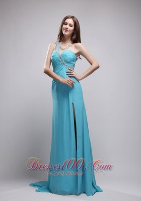 Beading One Shoulder Watteau Train Ruch Prom Evening Dress