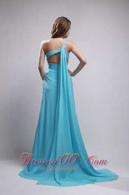 Beading One Shoulder Watteau Train Ruch Prom Evening Dress