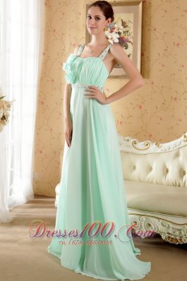 Beaded Straps Hand Flowers Ruched Prom / Evening Dress