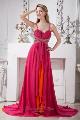 Hot Pink Prom Dress Spaghetti Straps Beading