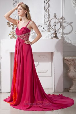 Hot Pink Prom Dress Spaghetti Straps Beading