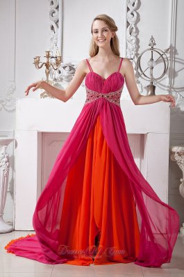 Hot Pink Prom Dress Spaghetti Straps Beading