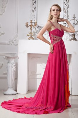 Hot Pink Prom Dress Spaghetti Straps Beading