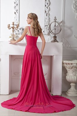 Hot Pink Prom Dress Spaghetti Straps Beading