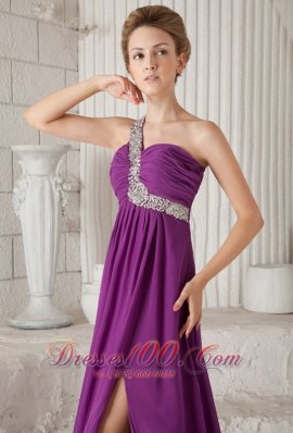 One Shoulder Watteau Beading Prom Dress Purple