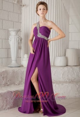 One Shoulder Watteau Beading Prom Dress Purple