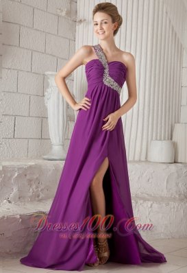 One Shoulder Watteau Beading Prom Dress Purple