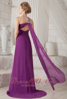 One Shoulder Watteau Beading Prom Dress Purple