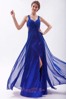Royal Blue Prom Gown Dress Beaded Cross Back