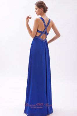 Royal Blue Prom Gown Dress Beaded Cross Back