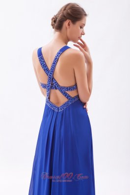 Royal Blue Prom Gown Dress Beaded Cross Back