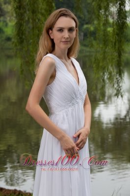 White Empire Dress for Prom Girl V-neck