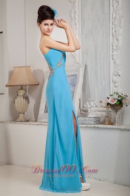 Slit Aqua Blue One Shoulder Dress For Prom Girl