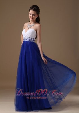 Beaded Prom Celebrity Gown White and Royal Blue