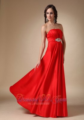 Wine Red A-line Satin Prom Gown Crystal
