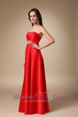 Wine Red A-line Satin Prom Gown Crystal