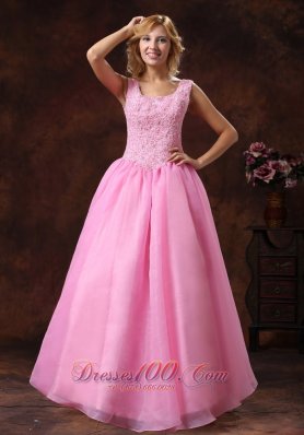 Cute Rose Pink Prom Gown Wide Scoop Appliques