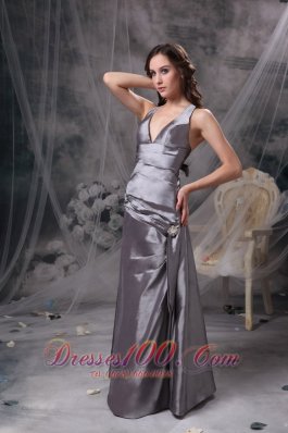 Grey Mother of the Bride Dress V-neck Cross Back