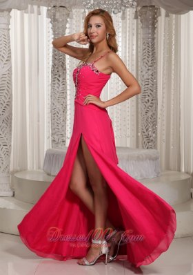 High Slit Straps Coral Red Beaded Prom Evening Dress