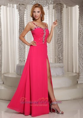 High Slit Straps Coral Red Beaded Prom Evening Dress