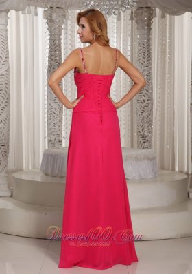 High Slit Straps Coral Red Beaded Prom Evening Dress