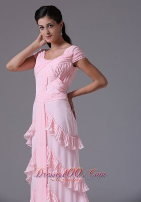 Scoop Short Sleeves Ruffed Layers Prom Dress