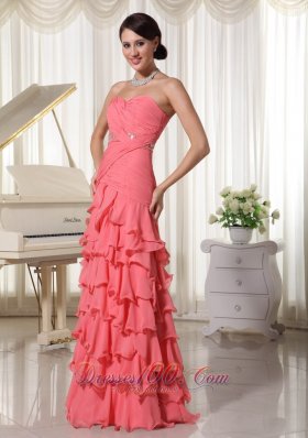 Watermelon Red Prom Holiday Dress Layered Beading Ruch