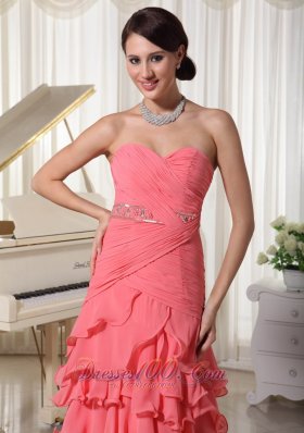 Watermelon Red Prom Holiday Dress Layered Beading Ruch