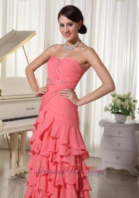 Watermelon Red Prom Holiday Dress Layered Beading Ruch