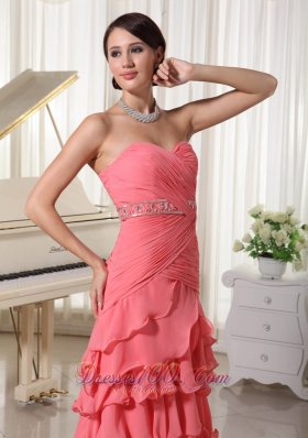 Watermelon Red Prom Holiday Dress Layered Beading Ruch