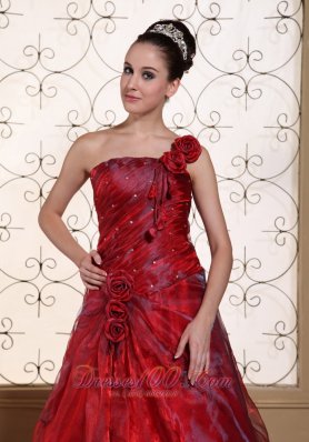 Sassy Wine Red One Shoulder Prom Dress Flowers