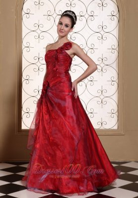 Sassy Wine Red One Shoulder Prom Dress Flowers